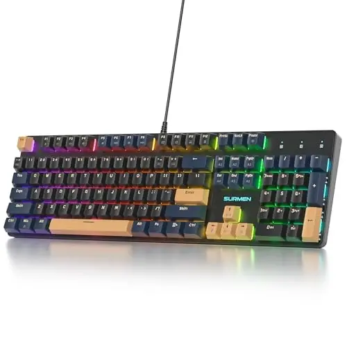 surmen Full Size Creamy Keyboard with Number Pad, 104 Keys RGB Wired Mechanical Gaming Keyboard Backlit with PBT Keycaps Linear Red Switch for Laptop Desktop PC Gamers（104 Blue Samurai B） 
