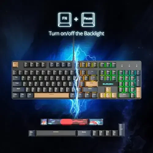 surmen Full Size Creamy Keyboard with Number Pad, 104 Keys RGB Wired Mechanical Gaming Keyboard Backlit with PBT Keycaps Linear Red Switch for Laptop Desktop PC Gamers（104 Blue Samurai B） - 3