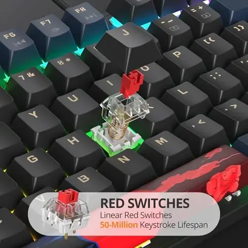 surmen Full Size Creamy Keyboard with Number Pad, 104 Keys RGB Wired Mechanical Gaming Keyboard Backlit with PBT Keycaps Linear Red Switch for Laptop Desktop PC Gamers（104 Blue Samurai B） - 2