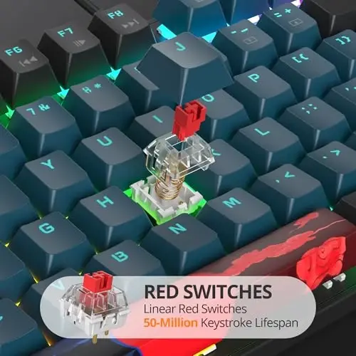 Surmen To'liq O'lchamli Qaymoqli Klaviatura Raqamli Blok bilan, 104 Tugma RGB Simli Mexanik O'yin Klaviaturasi Fon Yoritishli PBT Tugma Qopqoqlari Chiziqli Qizil Tugma bilan Noutbuk Stolüstü Kompyuter O'yinchi uchun (104 Monster) - 3