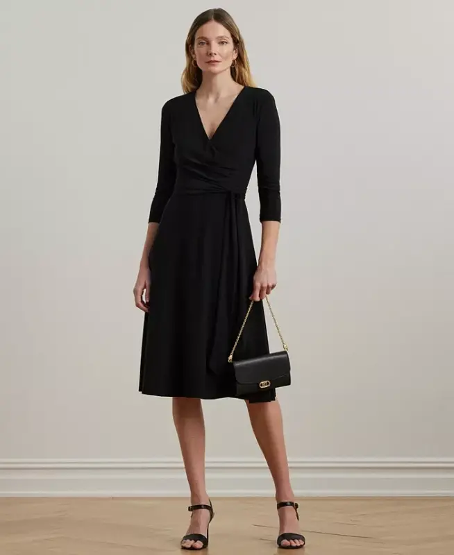 Surplice Jersey Dress-Black - 1
