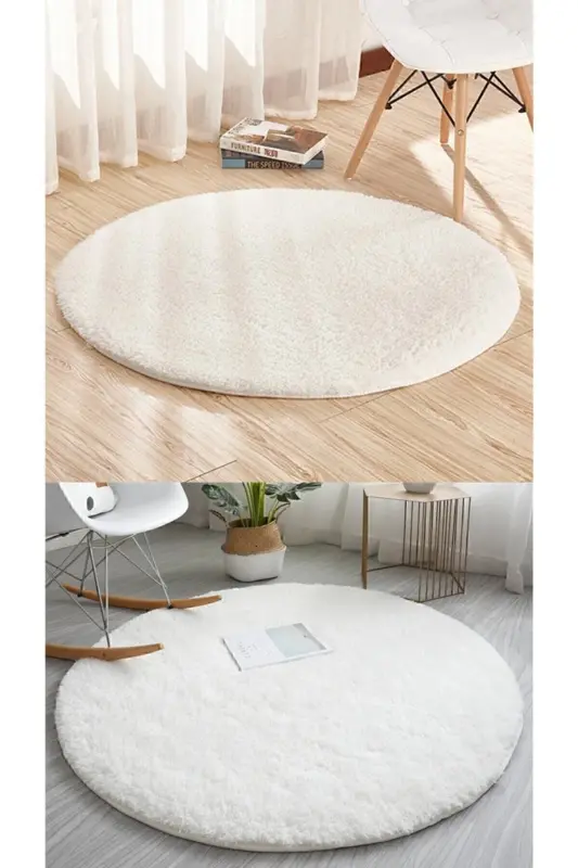 Sürpriz Ev Tekstil Yuvarlak Beyaz Renk Peluş Yıkanabilir Halı - beyaz - SARAR HALI