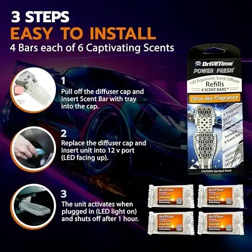 Drive Time Power Fresh 12-Volt Car Plug-In Air Fresheners – Refill Scent Bars for Vehicles, Aroma Fresheners, and Car Refreshing Scents – Includes 6 Long-Lasting Refills – Compact Size - 3