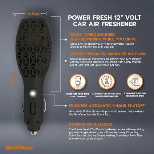 Drive Time Reusable 12V Plug-in Car Air Freshener Refill – Power Fresh, Auto Shut-Off, Plug-In Convenience, No Batteries Needed – Includes 4 Scent Bars for Up to 30 Days of Freshness - DRIVE (1)
