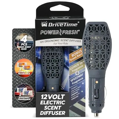 Drive Time Power Fresh Refillable Car Air Freshener – 12V Plug-In Reusable Car Scents Air Enhancer with Long-Lasting Scent Up to 30 Days – Includes 4 Scent Bars – Compact Design - Silver 