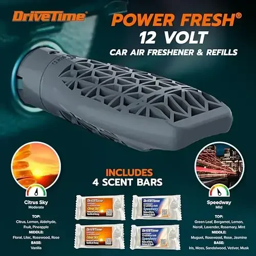 Drive Time Power Fresh Refillable Car Air Freshener – 12V Plug-In Reusable Car Scents Air Enhancer with Long-Lasting Scent Up to 30 Days – Includes 4 Scent Bars – Compact Design - Silver - 2