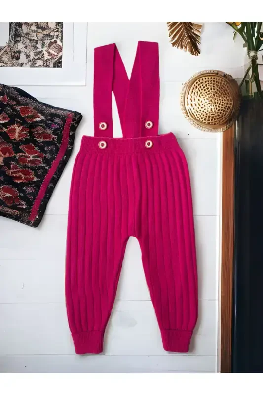 Suspender Buttoned Baby Kids Knitted Leggings Salopette-Fuchsia - ASYA BEBE