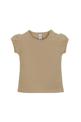 Sütlü Kahve Basic Kız Bebek Çıtçıtlı Sıfır Yaka Karpuz Kol Tişört-FRAPPE 