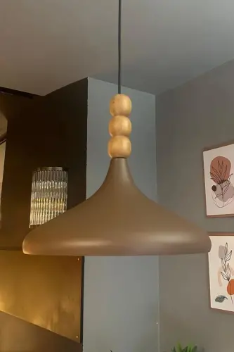 Sütlü Kahve Champion Ahşap Boncuklu Tekli Avize Sarkıt Salon Mutfak Butik Lamba Aydınlatma Avizeler - Sütlü Kahve - BAMYUM (1)