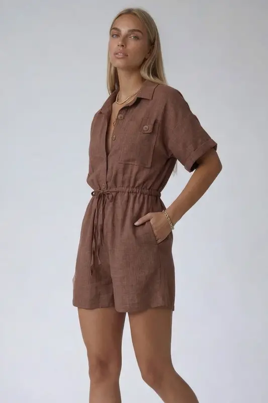 Sütlü Kahve Gömlek Yaka Çift Cepli Keten Şort Tulum-SÜTLÜ KAHVE - 2