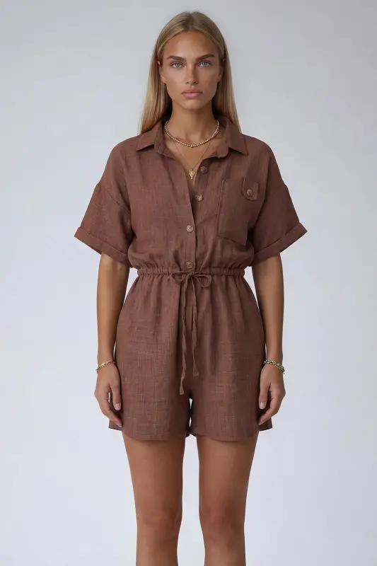 Sütlü Kahve Gömlek Yaka Çift Cepli Keten Şort Tulum-SÜTLÜ KAHVE - 3