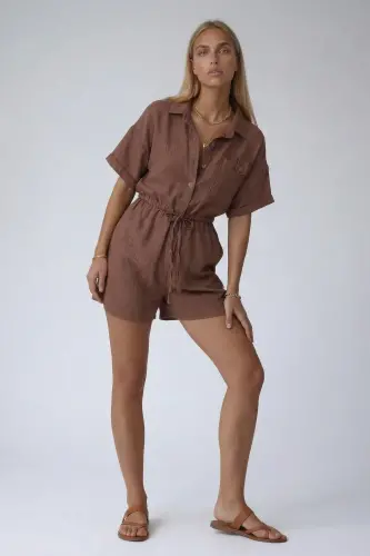 Sütlü Kahve Gömlek Yaka Çift Cepli Keten Şort Tulum-SÜTLÜ KAHVE - 5