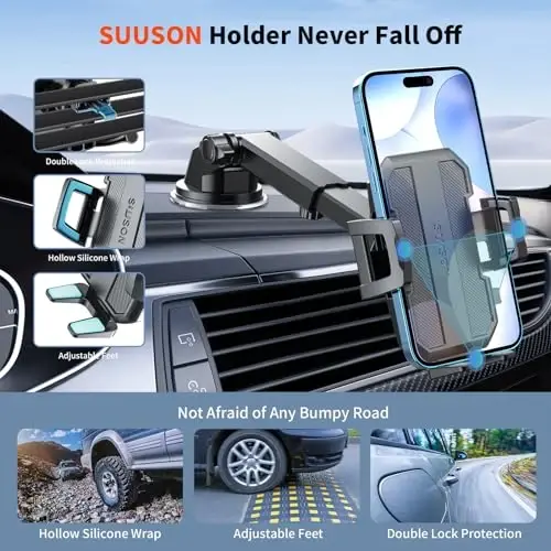 SUUSON Upgraded 3-in-1 Car Phone Holder Mount [Powerful Suction] Phone Mount for Car Dashboard Air Vent Windshield,for All iPhone Android Phone (Black) - 6