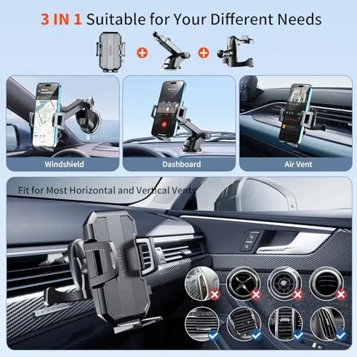 SUUSON Upgraded 3-in-1 Car Phone Holder Mount [Powerful Suction] Phone Mount for Car Dashboard Air Vent Windshield, for All iPhone Android Phone (Black) - 1