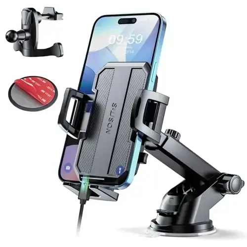SUUSON Upgraded 3-in-1 Car Phone Holder Mount [Powerful Suction] Phone Mount for Car Dashboard Air Vent Windshield, for All iPhone Android Phone (Black) - 5