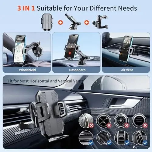 SUUSON Yangilangan 3-in-1 Avtomobil Telefon Tutqichi [Kuchli So'rish] Telefon Tutqichi Avtomobil Dashboardi Havo Chiqishi Shamol oynasi, Barcha iPhone Android Telefonlar uchun (Qora) - 1