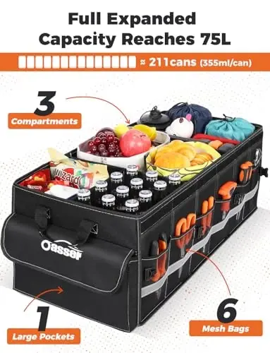 Oasser Car Trunk Organizer for SUV 75L Collapsible 4 Compartment Storage, Foldable Organizer Car Accessories for Women/Men - 3