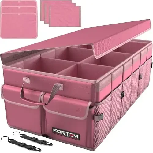 FORTEM Trunk Organizer For SUV Car Trunk Organizer, Foldable Storage, Car Accessories for Women Men, Collapsible Multi Compartment, 600D Oxford, Non Slip Bottom, Securing Straps, Soft Cover (85L) 