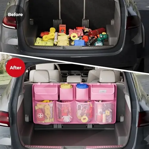 SURDOCA Hanging Trunk Organizer for SUV, [UPGRADED 7 Times] Car Organizers and Storage, Car Accessories Interior, Space Saving Expert-Pink - 4