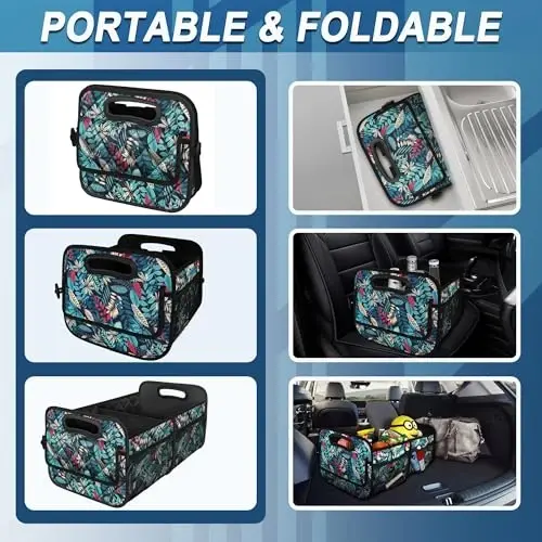Deosk Car Trunk Organzier for suv,Car Organziers and Storage with 6 Big Pocket,Car Accessories Women/Men 50L Waterproof Polyester Car/SUV/Minivan/Truck(Medium, Leaves) - 4