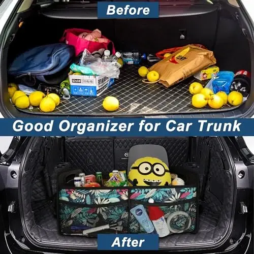 Deosk Car Trunk Organzier for suv,Car Organziers and Storage with 6 Big Pocket,Car Accessories Women/Men 50L Waterproof Polyester Car/SUV/Minivan/Truck(Medium, Leaves) - 5