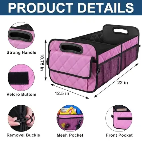 Deosk Car Trunk Organizer for SUV - 50L Waterproof Polyester Storage With 6 Big Pockets, Accessories for Women/Men (Medium, Pink) - 3