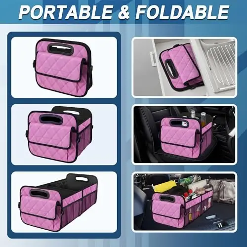Deosk Car Trunk Organizer for SUV, Car Organizers and Storage with 6 Pocket, Car Accessories for Women/Men 50L Waterproof Polyester Trunk Organizer(Medium,Pink) - 4