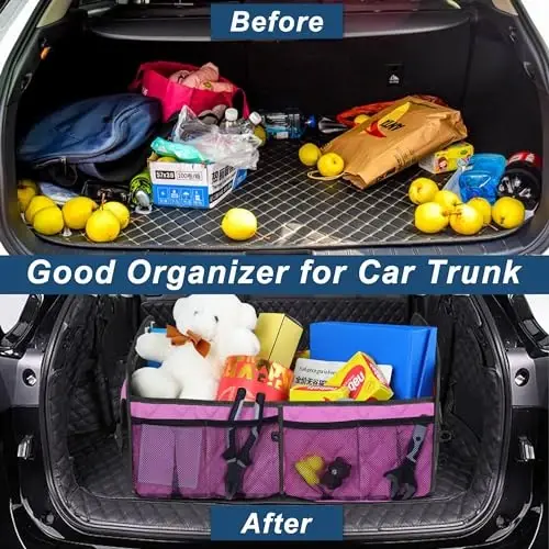Deosk Car Trunk Organizer for SUV, Car Organizers and Storage with 6 Pocket, Car Accessories for Women/Men 50L Waterproof Polyester Trunk Organizer(Medium,Pink) - 7