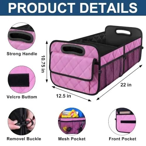 Deosk Car Trunk Organizer for SUV, Car Organizers and Storage with Reinforced Handles, Car Accessories for Women/Men 50L Waterproof Polyester Trunk Organizer(Medium,Pink) - 3