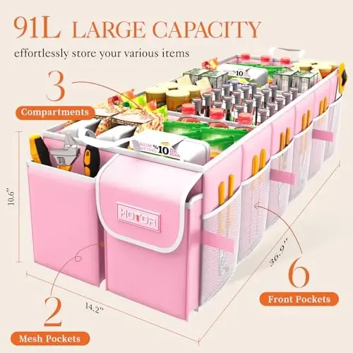 HOTOR Trunk Organizer for suv - Car Organizer, Foldable Trunk organizer for SUVs & Sedans, Sturdy Car Organization for Car Accessories, Tools, Sundries, Pink, 3 Compartments, 31.9