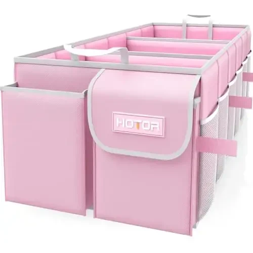 HOTOR Trunk Organizer for suv - Car Organizer, Foldable Trunk organizer for SUVs & Sedans, Sturdy Car Organization for Car Accessories, Tools, Sundries, Pink, 3 Compartments, 31.9