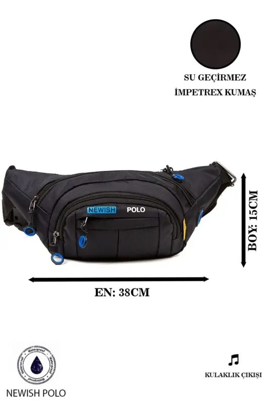 Suv o'tkazmaydigan quloqchinli USB chiqishli unisex qora ko'krak oshi, bel, yelka va sport sumkasi - ko'k qora - 6