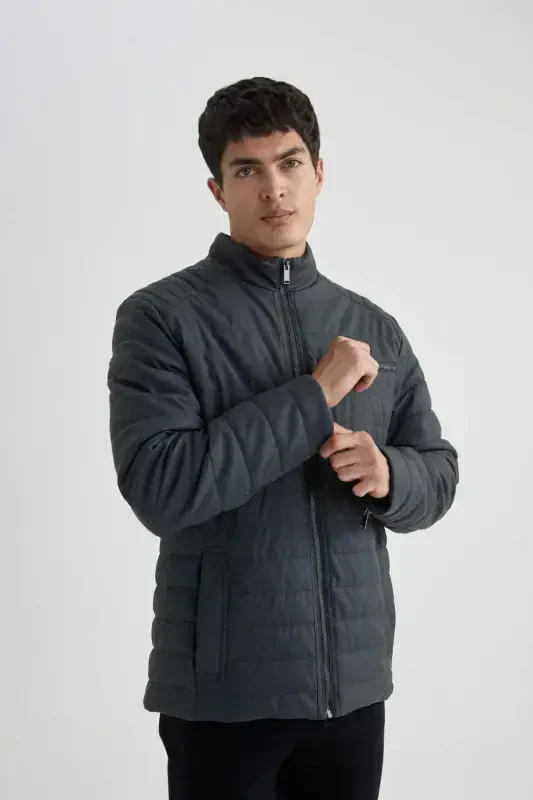 Suv o'tkazmaydigan Slim Fit sun'iy charm kurtka Tor kesimli tik yoqali fermuarli cho'ntakli B3568AX24SP-Antratsit - 6