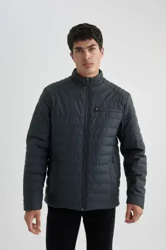 Suv o'tkazmaydigan Slim Fit sun'iy charm kurtka Tor kesimli tik yoqali fermuarli cho'ntakli B3568AX24SP-Antratsit - 7