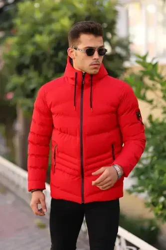 Suv va shamol o'tkazmaydigan erkaklar kapyushonli qishki kurtka shishirilgan kurtka - qizil - BOYMEN (1)