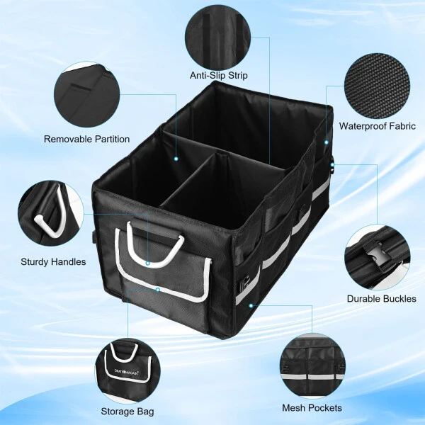 Car Trunk Organizer for SUV, Lychee Collapsible Multi Compartments Trunk Vehicle Organizer, Waterproof Car Storage Organizer with Foldable Lid, Aluminium Handle, Non Slip Bottom (Black) - LYCHEE (1)