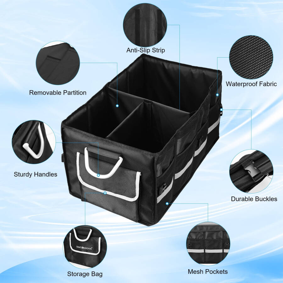 Car Trunk Organizer for SUV, Lychee Collapsible Multi Compartments Trunk Vehicle Organizer, Waterproof Car Storage Organizer with Foldable Lid, Aluminium Handle, Non Slip Bottom (Black) - 2