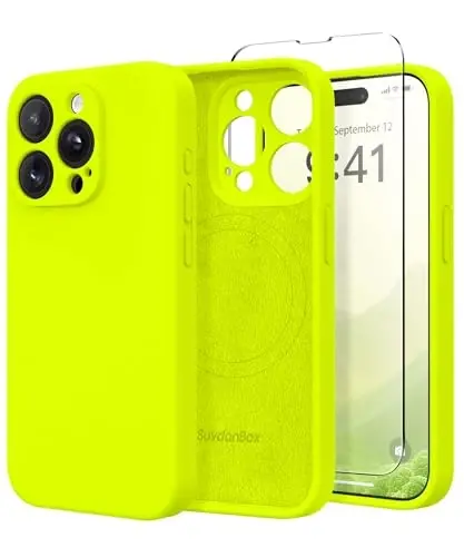 SuydanBox Magnetic for iPhone 13 Pro Max Case, Compatible with MagSafe, [Full Camera Protection][Screen Protector] Silicone Shockproof Protective Phone Case for iPhone 13 Pro Max, Fluorescent Green 