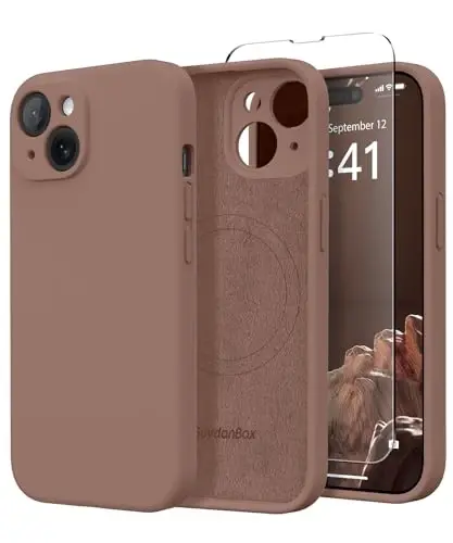 SuydanBox Magnetic for iPhone 14 Case, Compatible with MagSafe, [Full Camera Protection][Screen Protector] Silicone Shockproof Protective Phone Case for iPhone 14 6.1 inch, Brown 