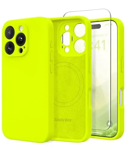 SuydanBox Magnetic for iPhone 16 Pro Max Case, Compatible with MagSafe, [Full Camera Protection][Screen Protector] Silicone Shockproof Protective Phone Case for iPhone 16 Pro Max, Fluorescent Green - 1