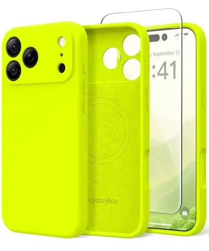 SuydanBox Magnetic for iPhone 17 Pro Max Case, Compatible with MagSafe, [Full Camera Protection][Screen Protector] Silicone Shockproof Protective Phone Case for iPhone 17 Pro Max, Fluorescent Green - 1
