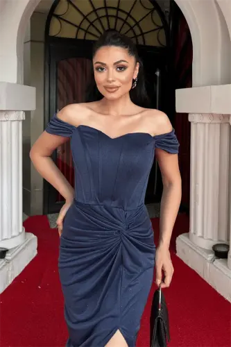 Сверкающая Тюлевая Ткань Платье с деталями в складку - ТЕМНО-СИНИЙ - 3