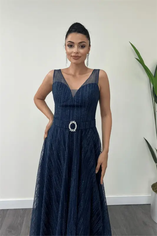 Сверкающее платье-миди на бретельках - ТЕМНО-СИНИЙ - 1
