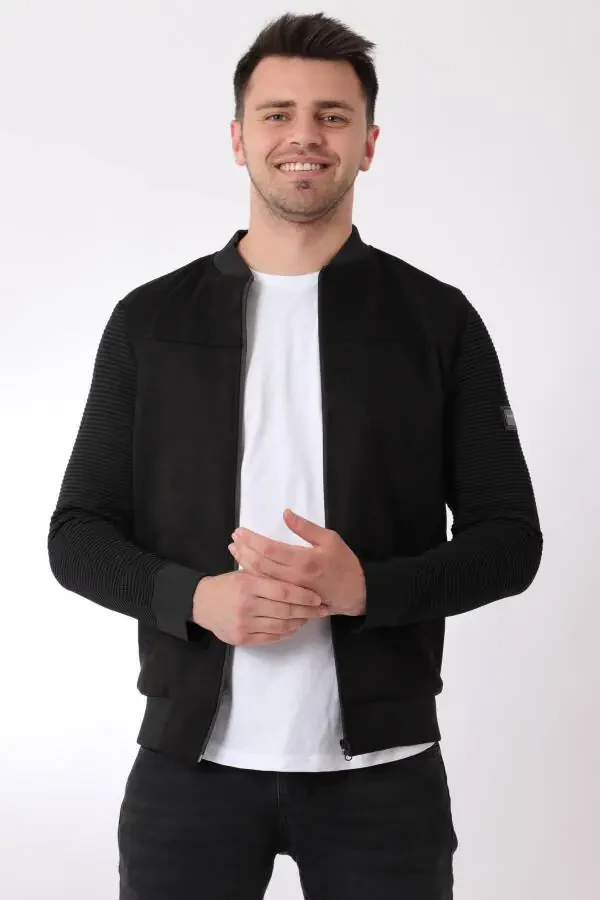 Свитшот с трикотажными рукавами и воротником-стойкой из замши, сезонный PLDP 2977 - 1