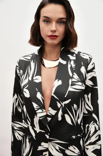 Свободный атласный пиджак с рисунком - ЧЕРНЫЙ - 6