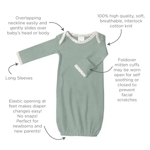 SwaddleDesigns Softest Cotton Baby Pajama Gown with Foldover Mitten Cuffs for Infant Boy and Girl, Newborn, 0-3 Months - 4