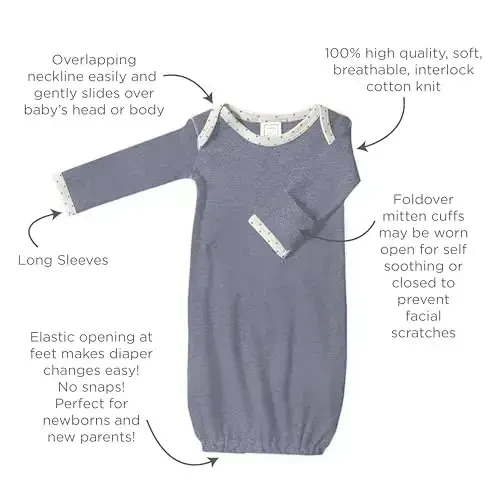 SwaddleDesigns Softest Cotton Baby Pajama Gown with Foldover Mitten Cuffs for Infant Boy and Girl, Newborn, 0-3 Months - 4
