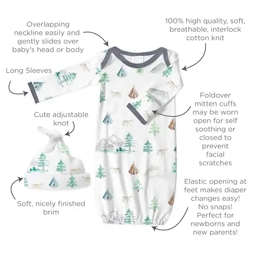 SwaddleDesigns Softest Cotton Baby Pajama Gown with Foldover Mitten Cuffs for Infant Boy and Girl, Newborn, 0-3 Months - 3