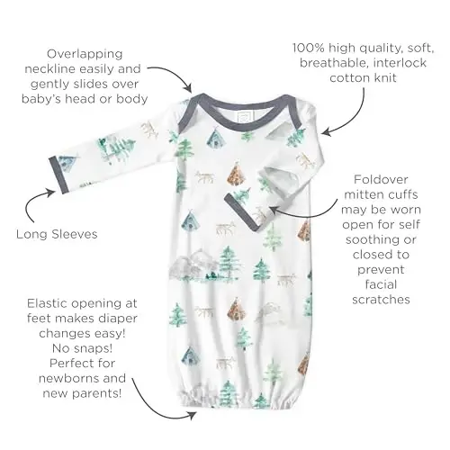 SwaddleDesigns Softest Cotton Baby Pajama Gown with Foldover Mitten Cuffs for Infant Boy and Girl, Newborn, 0-3 Months - 3