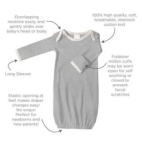 SwaddleDesigns Softest Cotton Baby Pajama Gown with Foldover Mitten Cuffs for Infant Boy and Girl, Newborn, 0-3 Months - 3